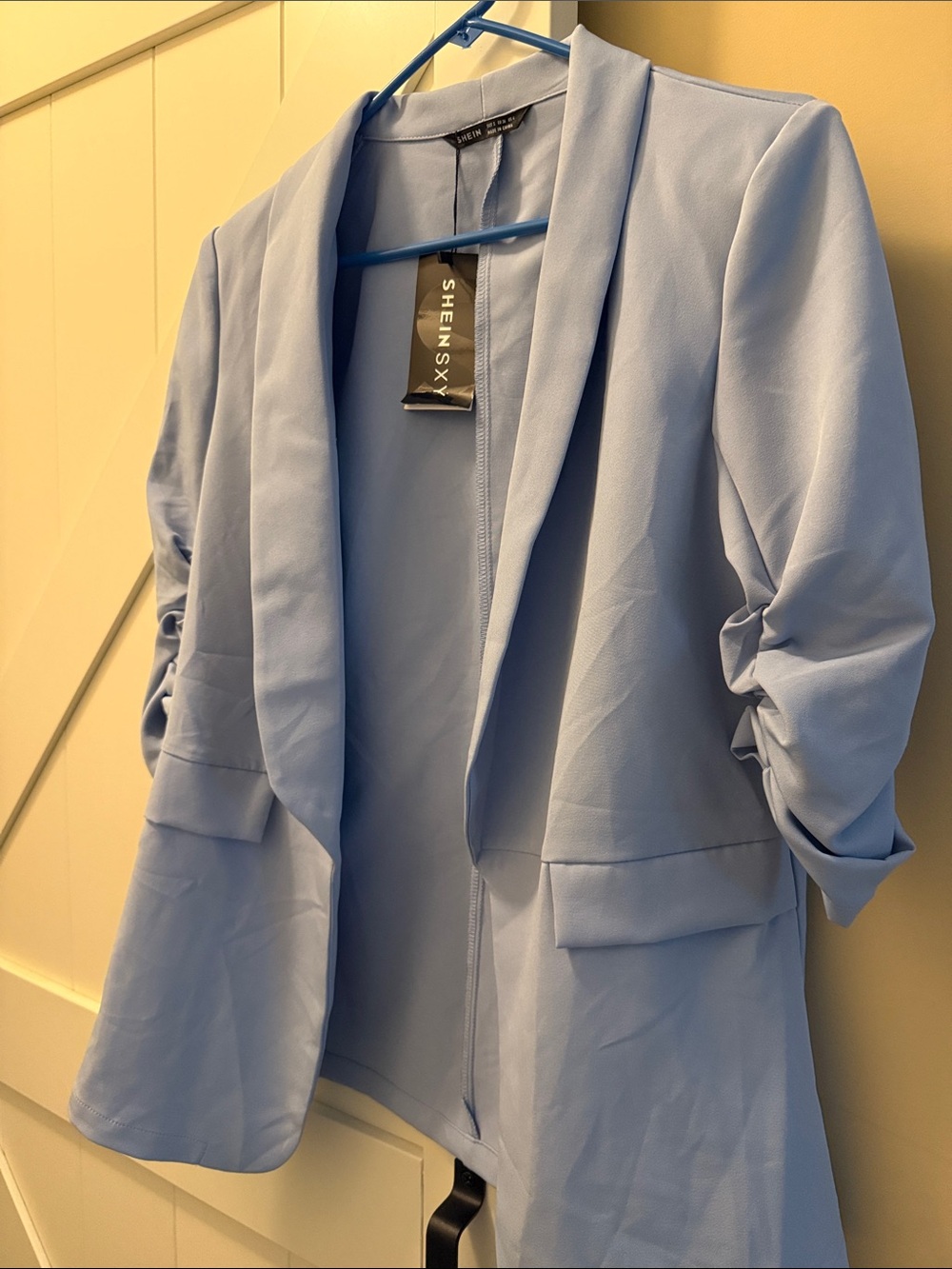 SHEIN Pale Blue Open-Front Ruched Sleeve Blazer with matching full length pants